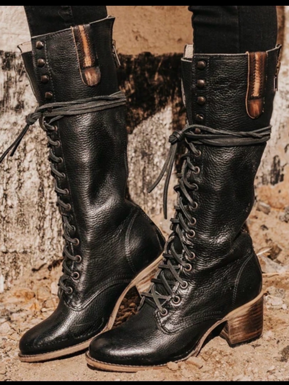 Freebird Grany Black Lace-Up Mid-Calf Leather Boots with Wood-Tone Heel